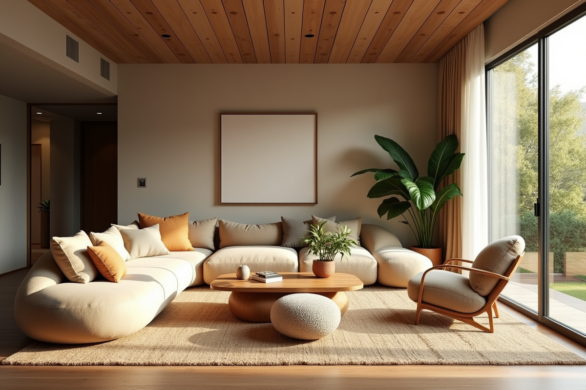 Salon moderne chaleureux avec plantes et matériaux naturels