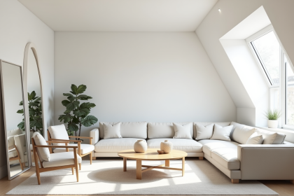 Salon scandinave lumineux avec plafonds inclinés et miroirs