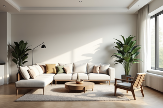 Salon moderne avec mobilier scandinave et lumière naturelle