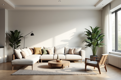Salon moderne avec mobilier scandinave et lumière naturelle