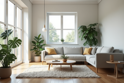Salon moderne style scandinave avec grande fenetre et canapé gris