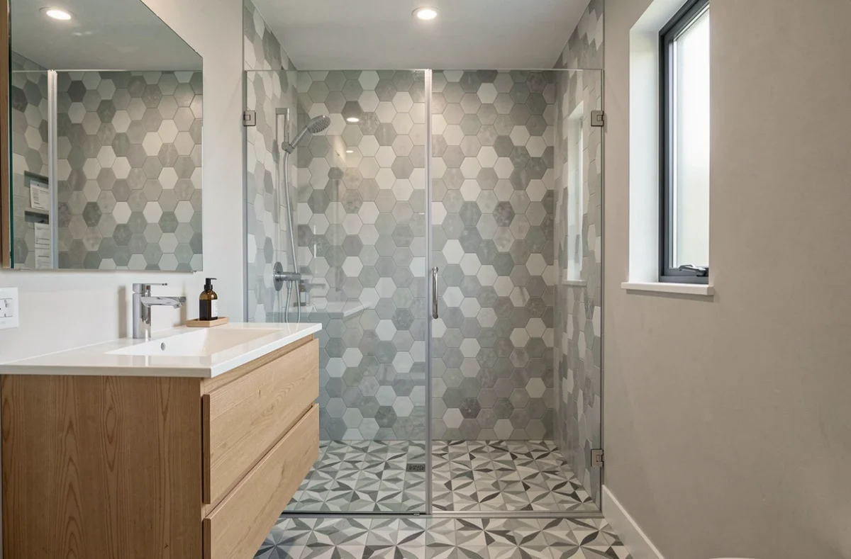 Salle de bain rénovée par Sasu Batelori avec carrelage hexagonal et meuble vasque en chêne clair à Nice