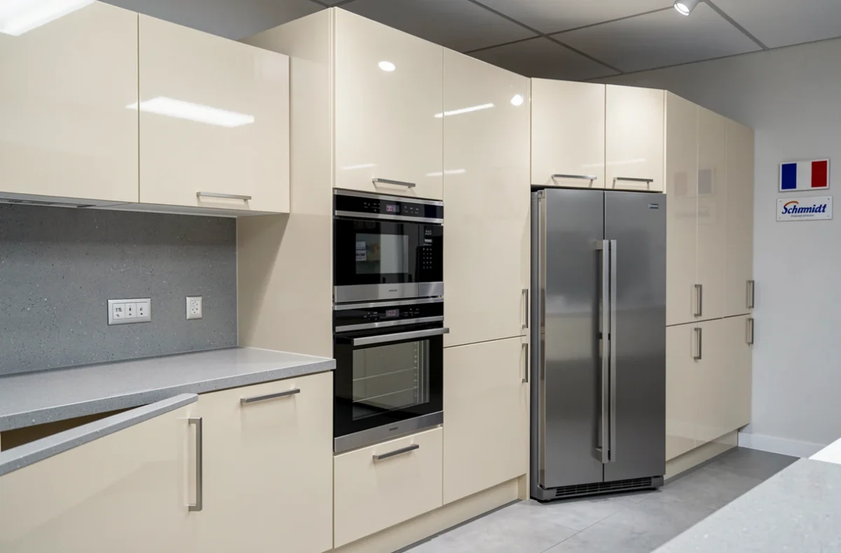 Cuisine Schmidt Bordeaux en laque ivoire avec plan de travail Silestone gris et électroménager intégré, fabrication française