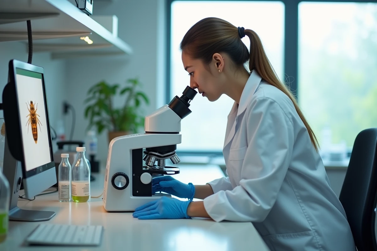 Scientifique analysant des pupes de mouches sous microscope dans un laboratoire de recherche agricole moderne