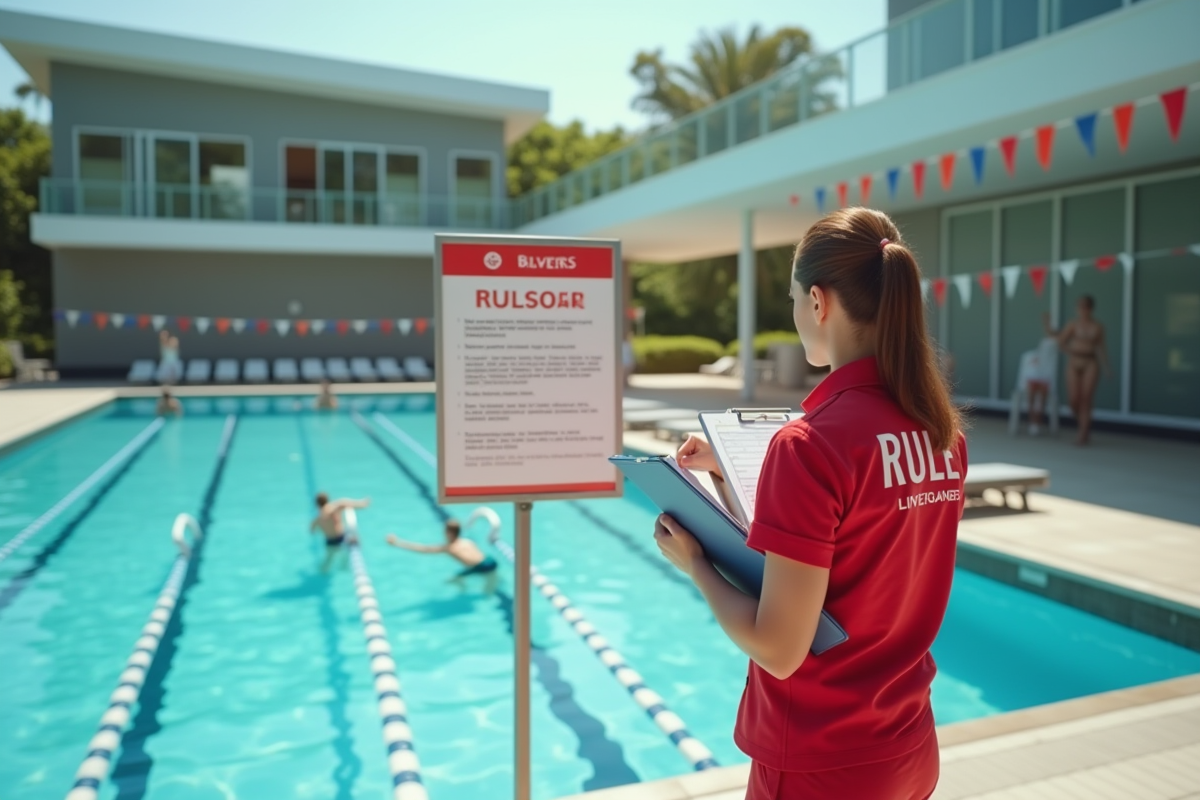 Secouriste près de la piscine avec panneau de règles ensoleillé