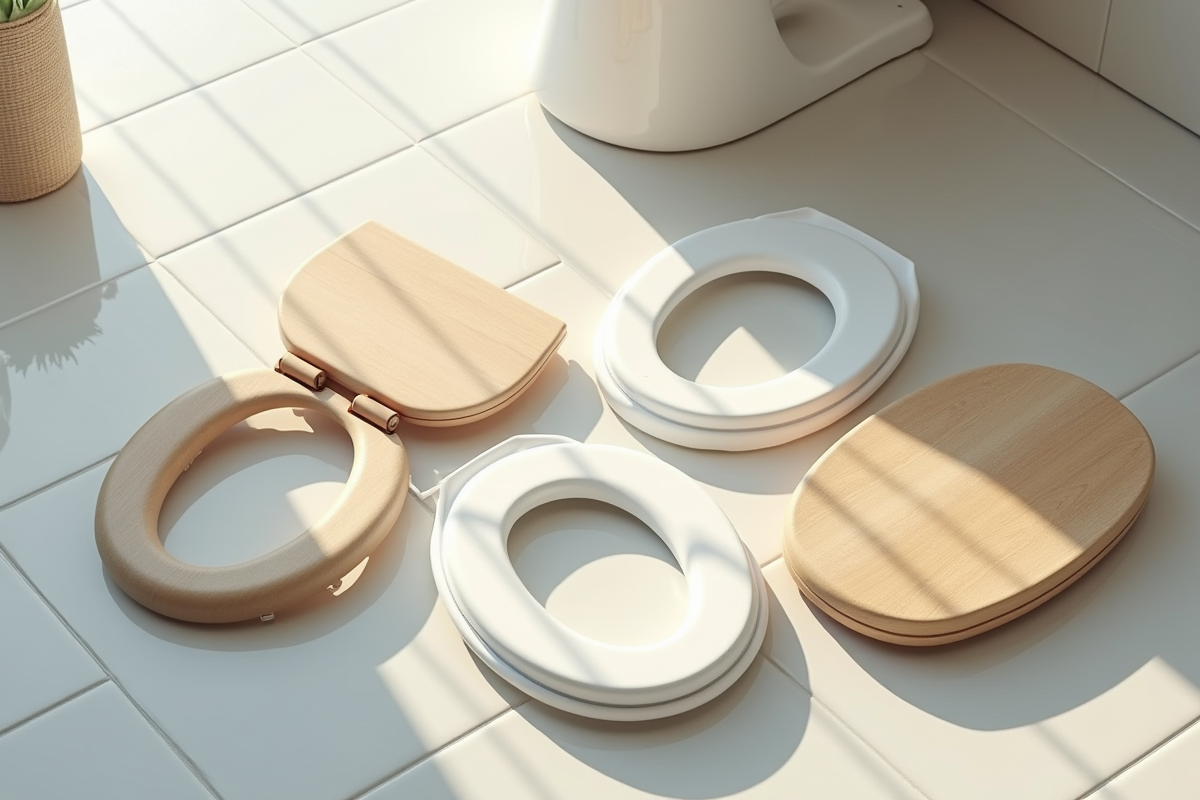 Différents types de sièges de toilettes sur le sol en carrelage