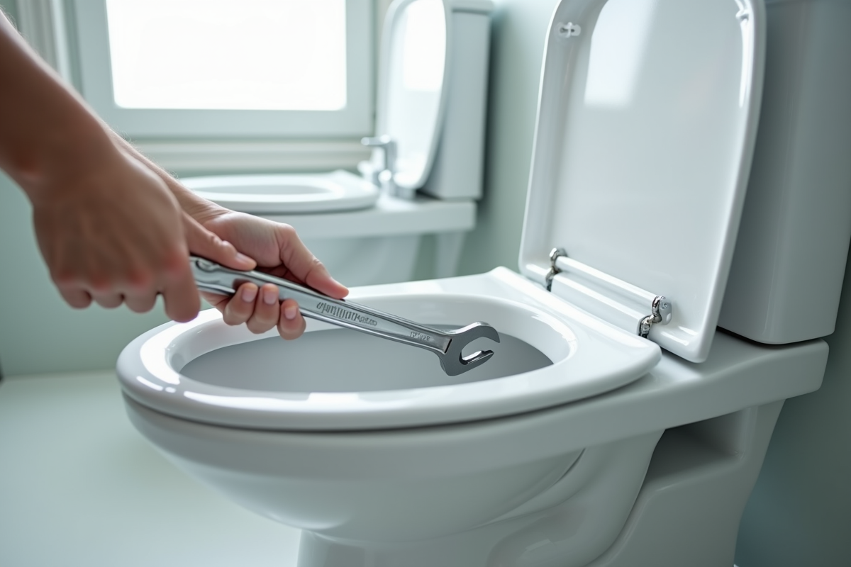 Personne serrant des boulons de la toilette avec une clé dans une salle de bain lumineuse