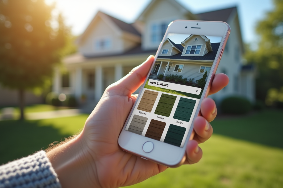Main tenant un smartphone avec une application de rénovation maison