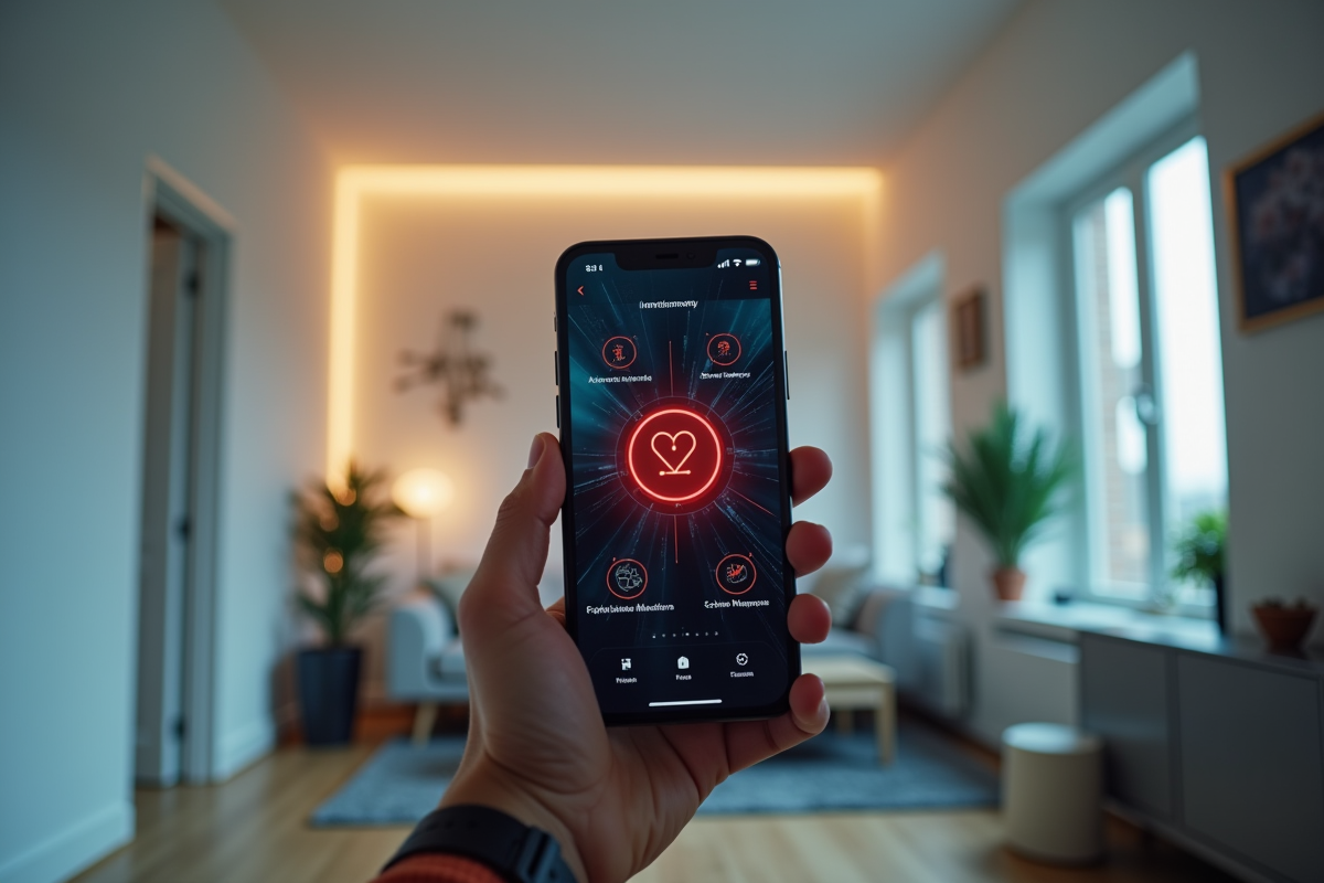 Main tenant un smartphone avec une application piratee pour la maison