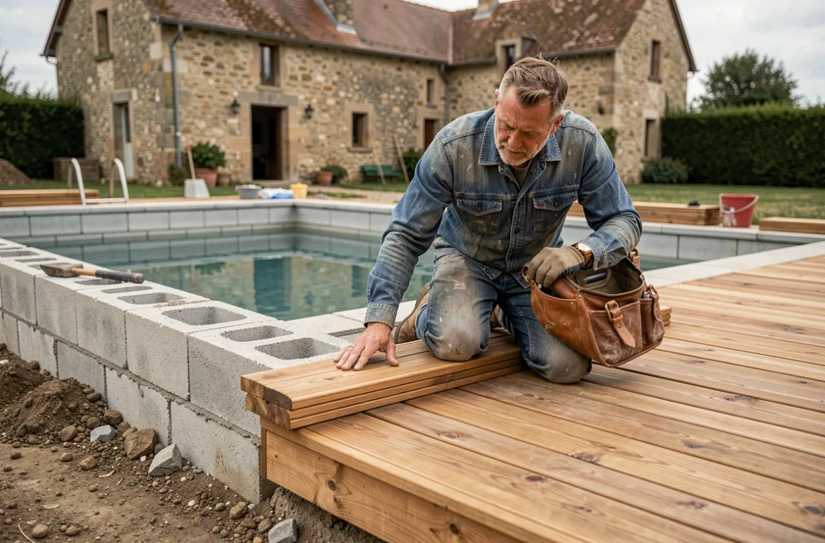 Artisan pisciniste posant une terrasse en bois autour d'une piscine maçonnée dans une propriété rurale en région Auvergne