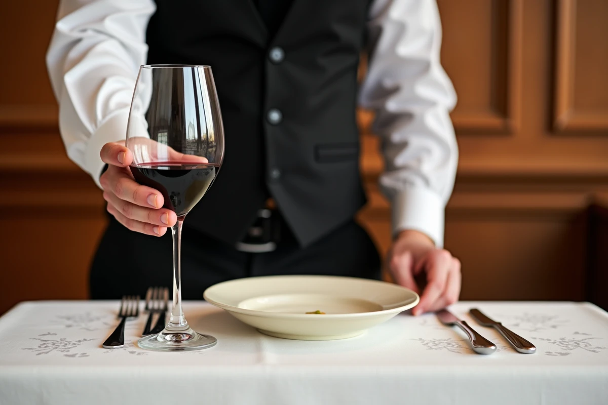 Sommelier plaçant un verre à vin Bordeaux à la position correcte en haut à droite d'un couvert de restaurant gastronomique