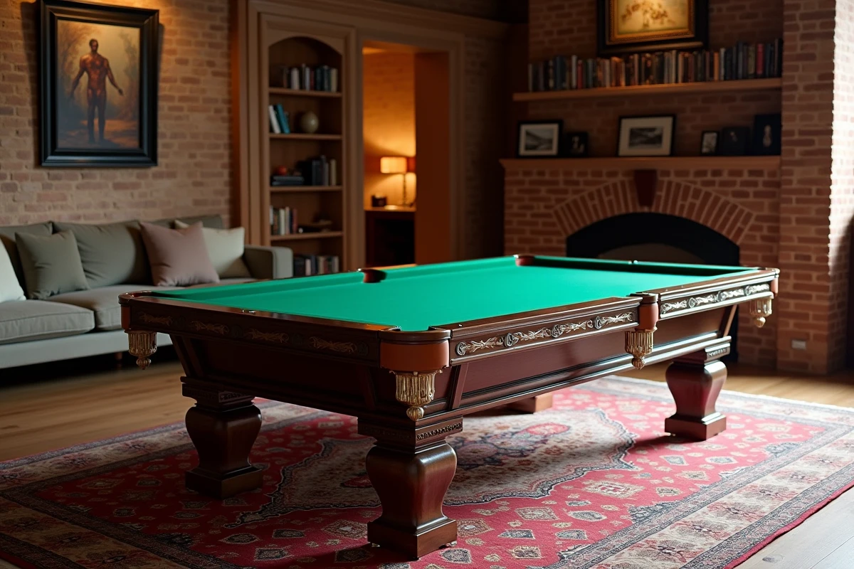 Table de billard Chevillotte en bois de noyer dans un salon élégant avec décoration intérieure raffinée