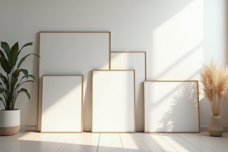 Plusieurs toiles d'art populaires en formats variés dans un atelier lumineux