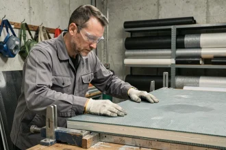 Technicien en composite appliquant un pli de fibres de renfort sur un panneau structural en atelier industriel
