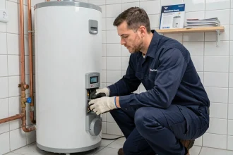 Technicien en uniforme inspectant un chauffe-eau électrique dans une buanderie résidentielle, illustration des avis et garanties de service chaufferapide