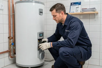 Technicien en uniforme inspectant un chauffe-eau électrique dans une buanderie résidentielle, illustration des avis et garanties de service chaufferapide