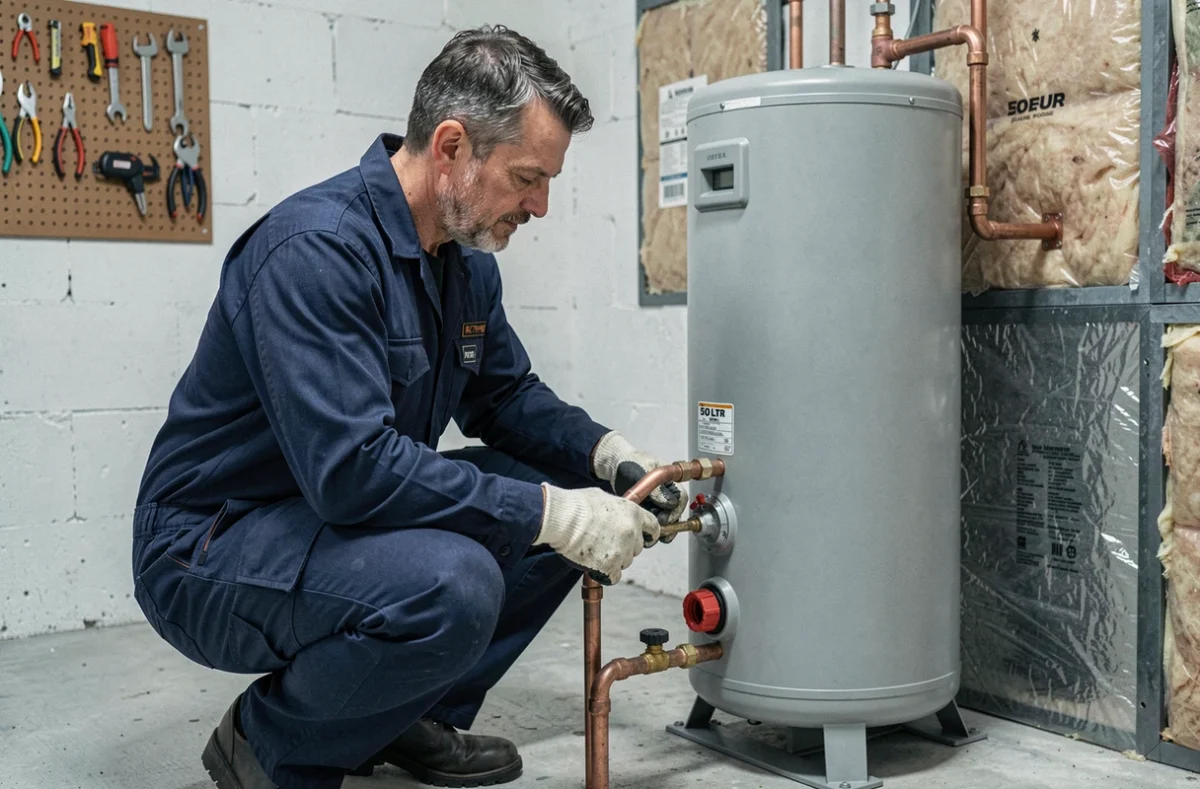 Technicien inspectant un chauffe-eau solaire individel de 50 litres dans une chaufferie