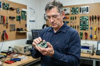 Technicien en électronique inspectant un inverseur de polarité électromagnétique dans un atelier professionnel