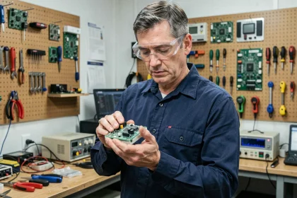 Technicien en électronique inspectant un inverseur de polarité électromagnétique dans un atelier professionnel