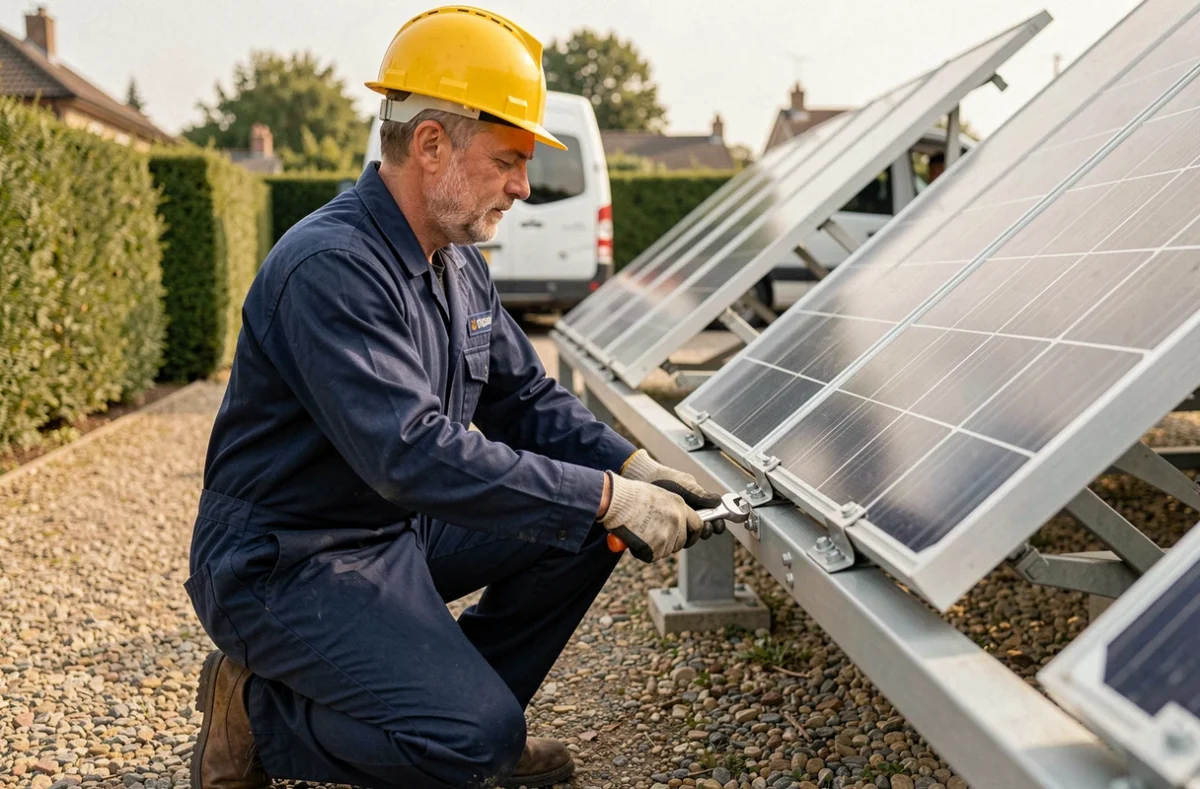 Technicien installateur fixant les rails d'une structure de panneaux solaires au sol dans un jardin pavillonnaire