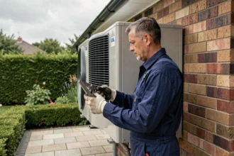 Technicien HVAC inspectant une pompe à chaleur air-eau installée sur la façade extérieure d'une maison