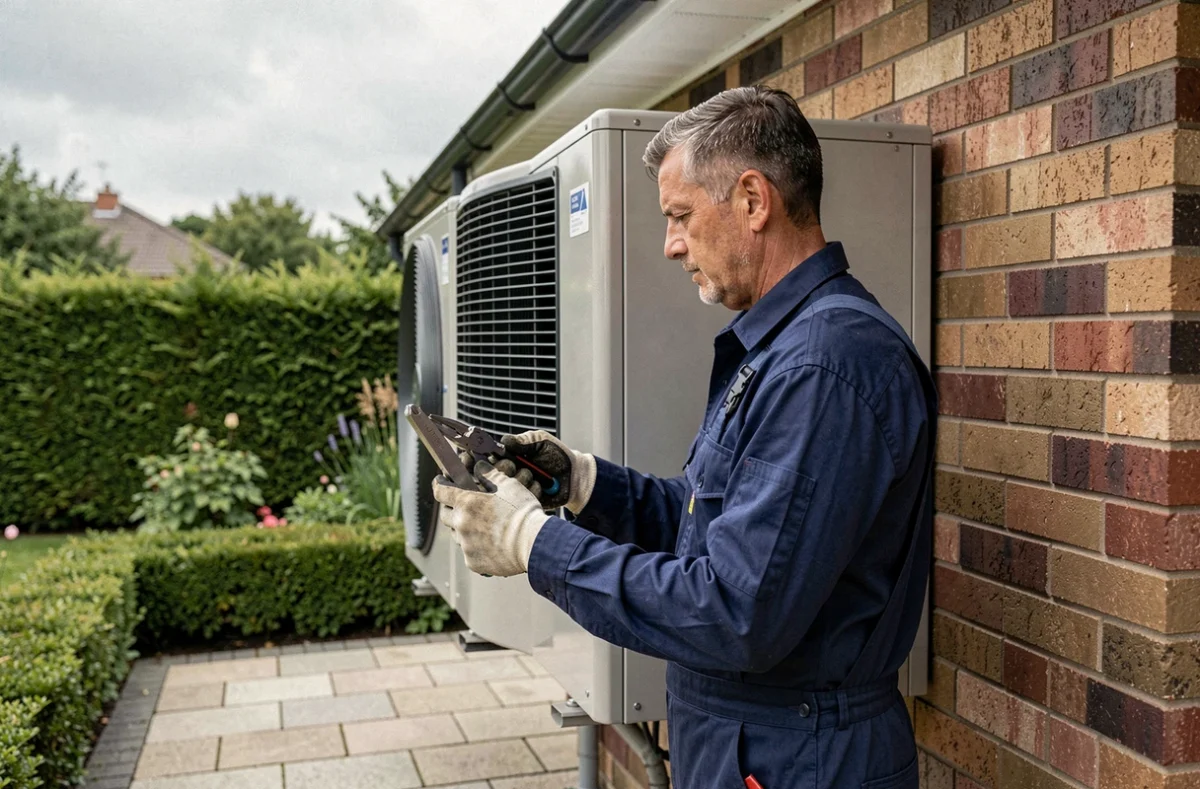 Technicien HVAC inspectant une pompe à chaleur air-eau installée sur la façade extérieure d'une maison