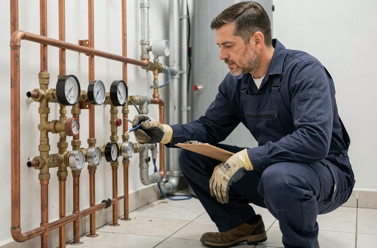 Technicien en chauffage inspectant le circuit hydraulique d'une pompe à chaleur air-eau dans une chaufferie