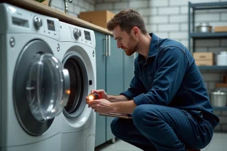 Technicien en réparation inspectant l'intérieur d'un lave-linge en panne dans une buanderie moderne