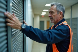 Technicien inspectant une porte métallique de sécurité