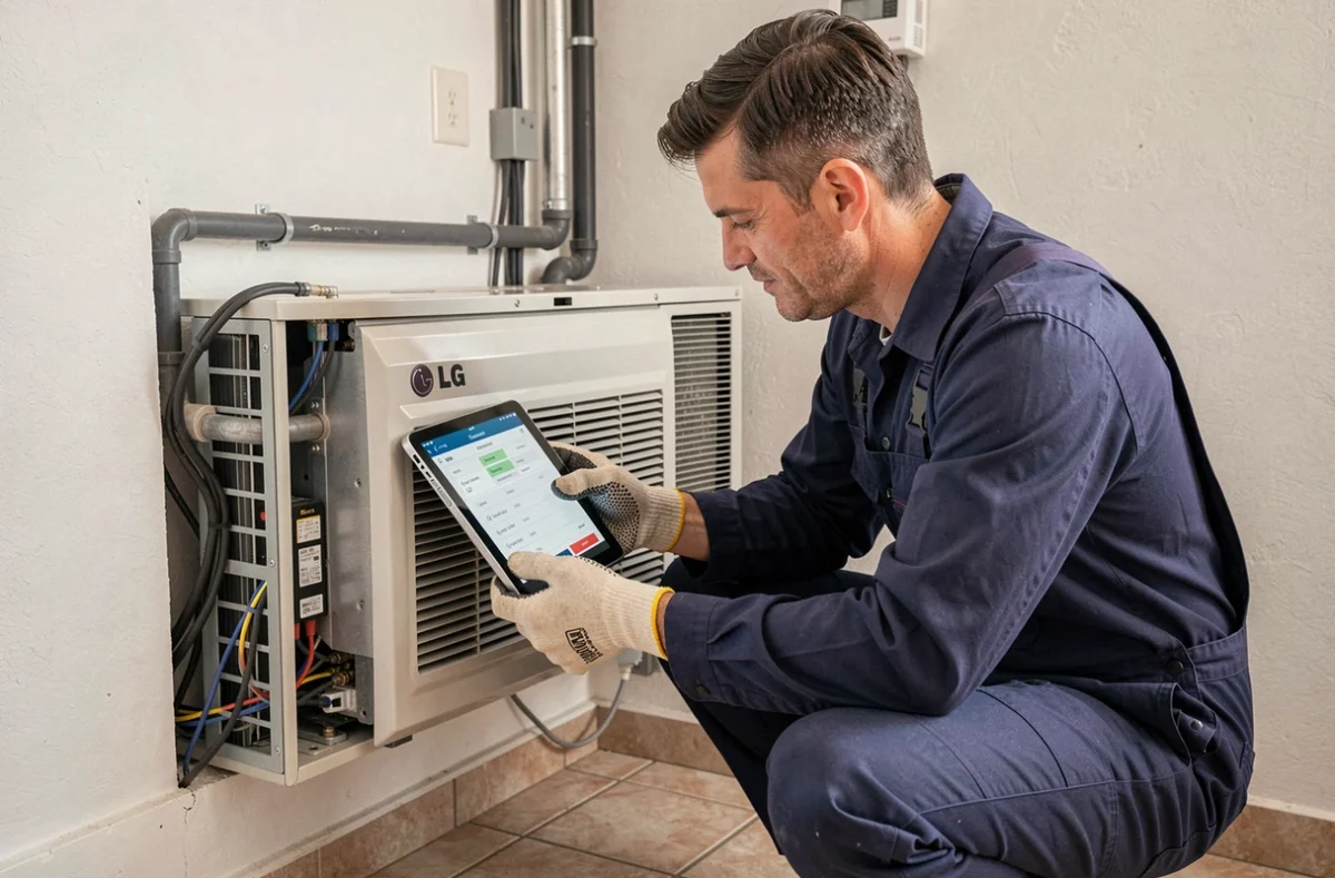 Technicien HVAC vérifiant le fonctionnement d'une pompe à chaleur LG dans une salle technique intérieure