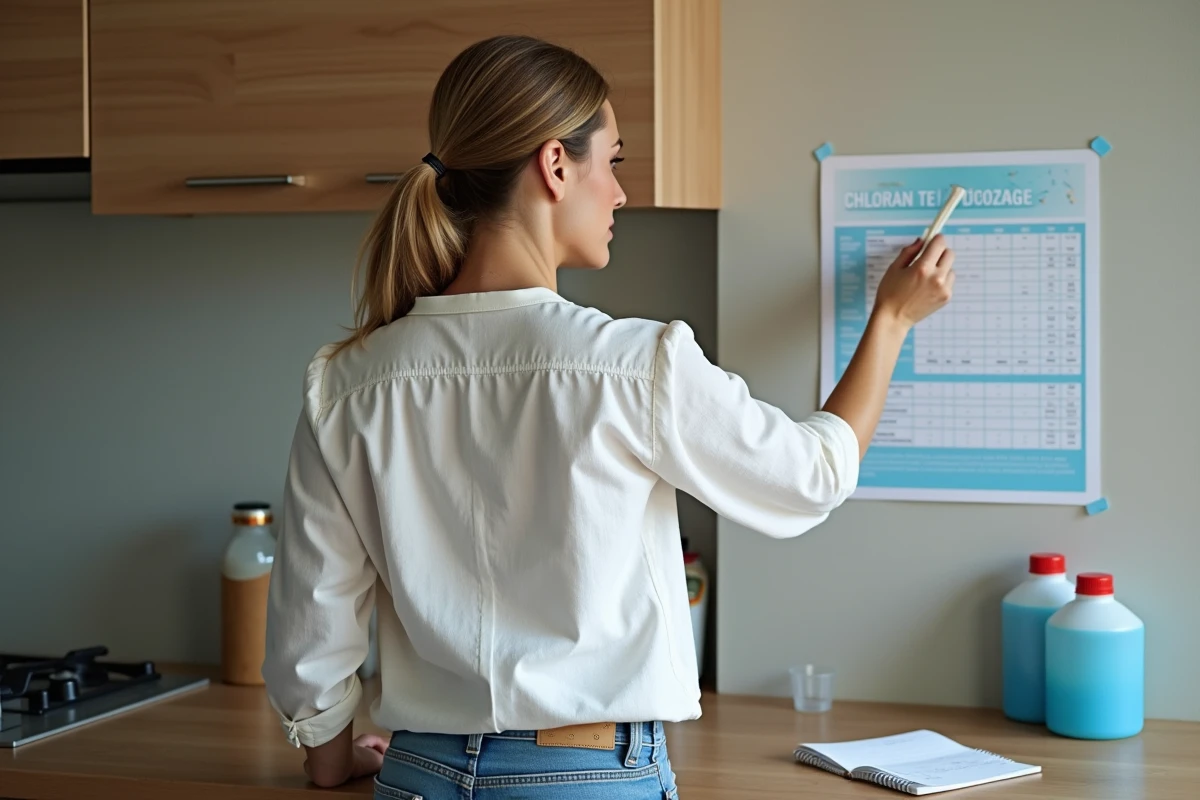 Femme comparant une bandelette de test chlore avec un tableau de dosage piscine affiché dans la cuisine