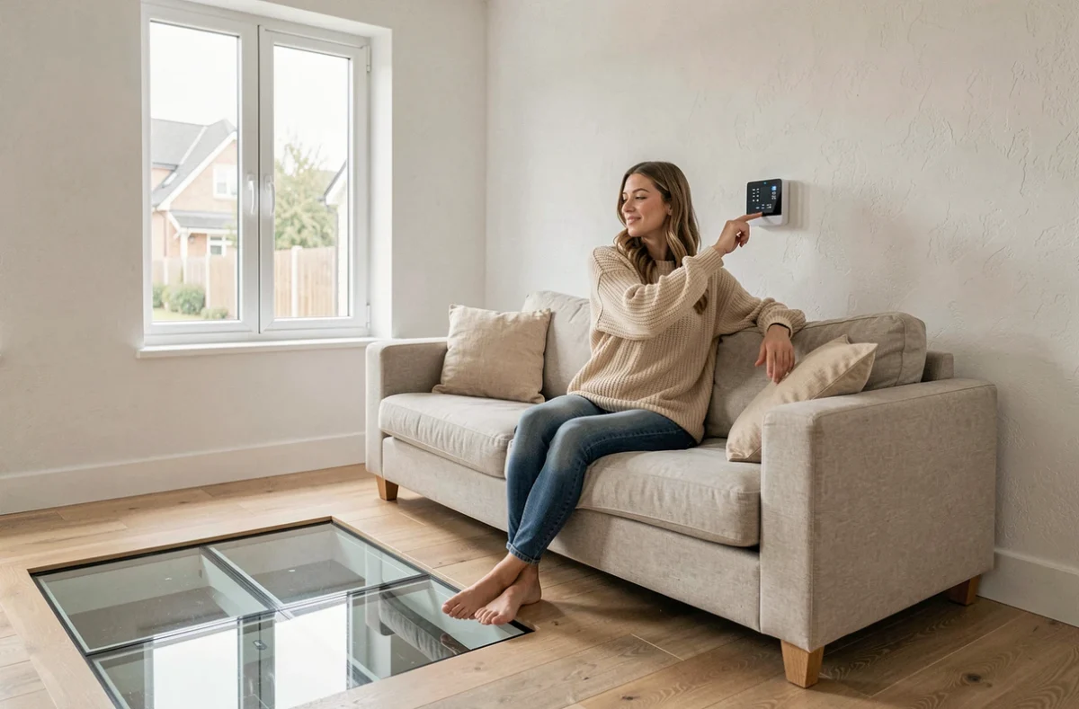 Femme réglant le thermostat connecté d'une pompe à chaleur air-eau dans un salon moderne avec plancher chauffant