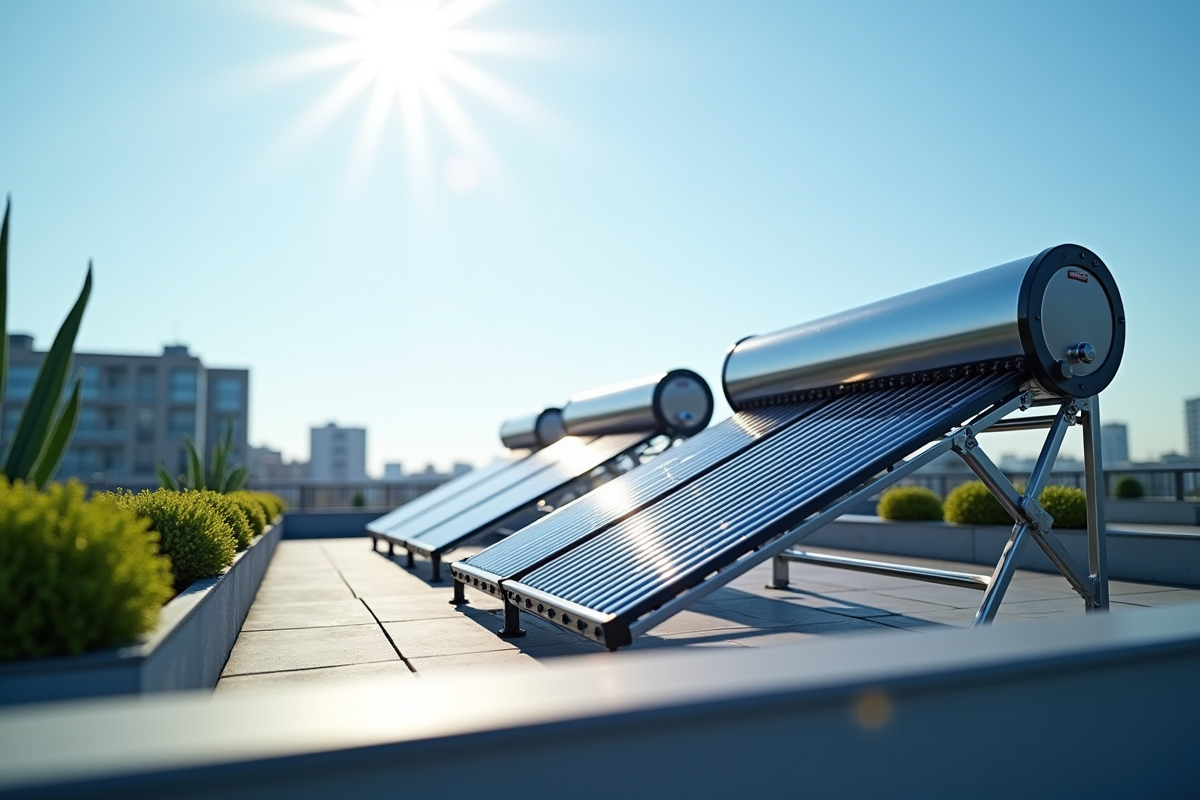 Toit moderne avec chauffe-eau solaire brillant en plein soleil