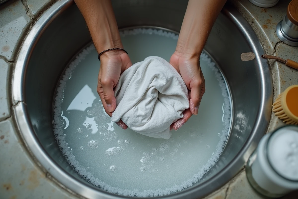 Mains plongeant un linge blanc grisâtre dans un bac de trempage avec poudre blanchissante pour raviver le tissu