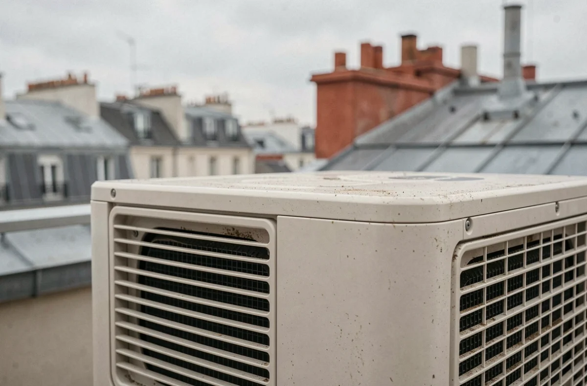Unité extérieure de pompe à chaleur LG installée sur une terrasse de toiture parisienne avec toits en zinc
