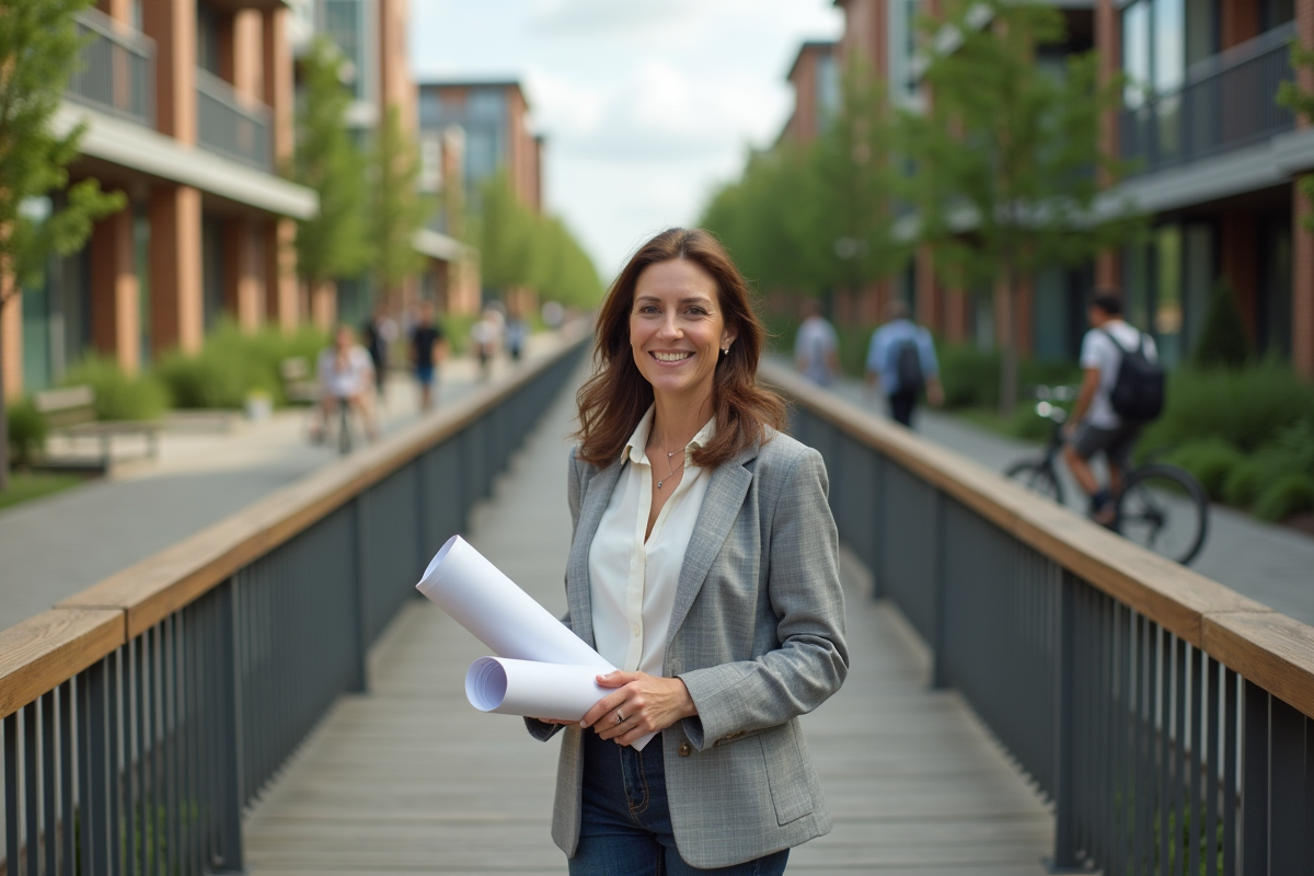 Urbaniste femme tenant des plans sur un pont piéton en ville