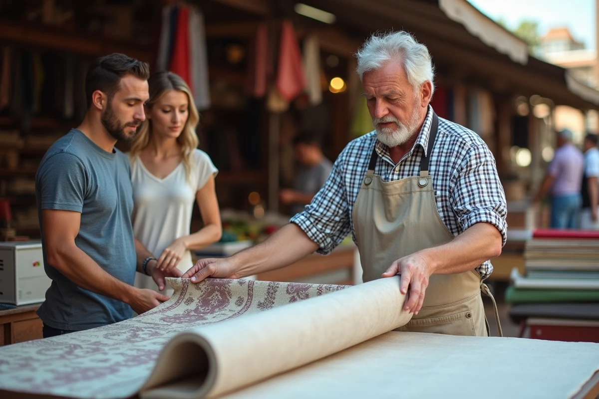 Vendeur montrant un tissu &agrave; un couple au march&eacute; en plein air
