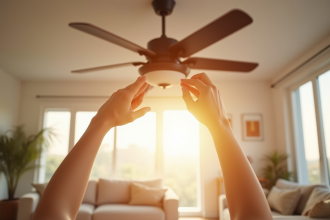 Main ajustant un ventilateur de plafond moderne dans un salon lumineux