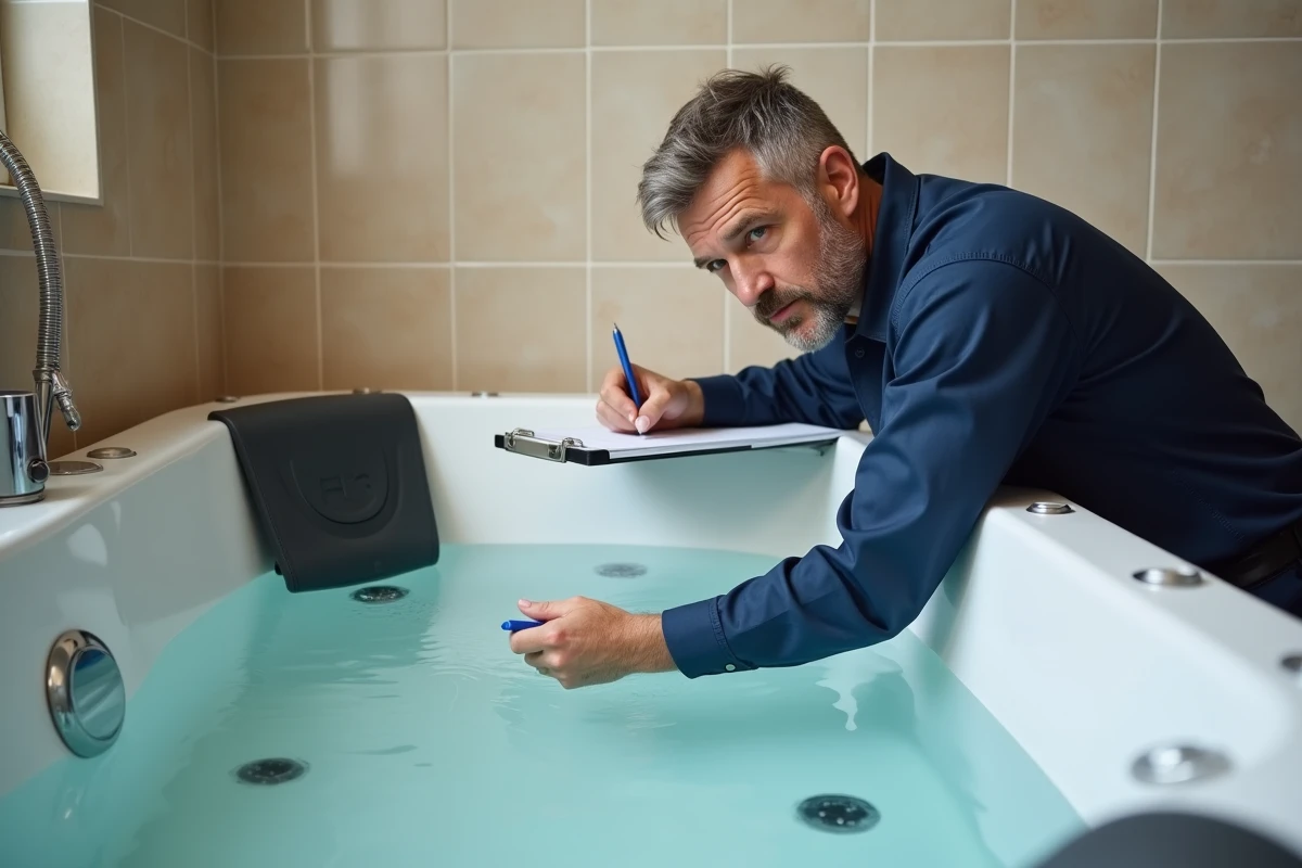 Technicien inspectant les jets balnéo d'une baignoire rectangulaire en acrylique lors d'une vérification avant installation