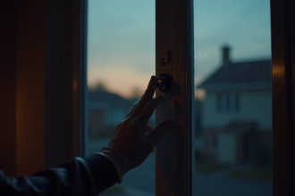 Main gantée vérifiant un verrou de fenêtre au crépuscule
