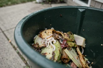 Vers blancs grouillant sur des déchets organiques au fond d'une poubelle extérieure en plastique vert