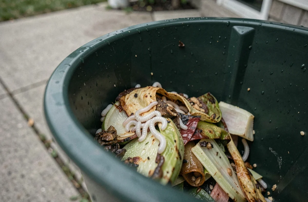 Vers blancs grouillant sur des déchets organiques au fond d'une poubelle extérieure en plastique vert