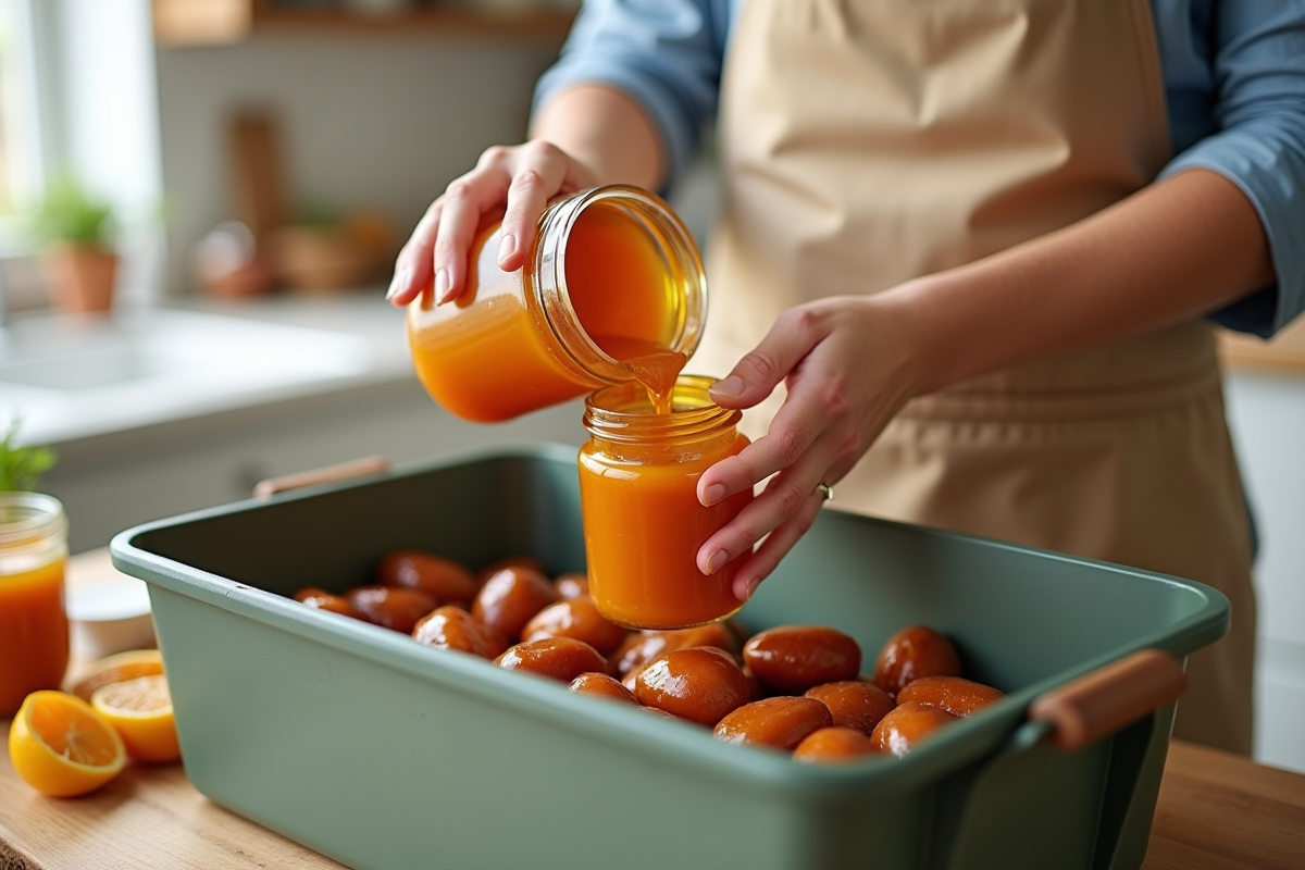 vidage de confiture dans une poubelle compost en cuisine lumineuse