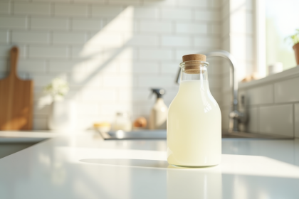 Bouteille de vinaigre blanc sur un plan de travail propre