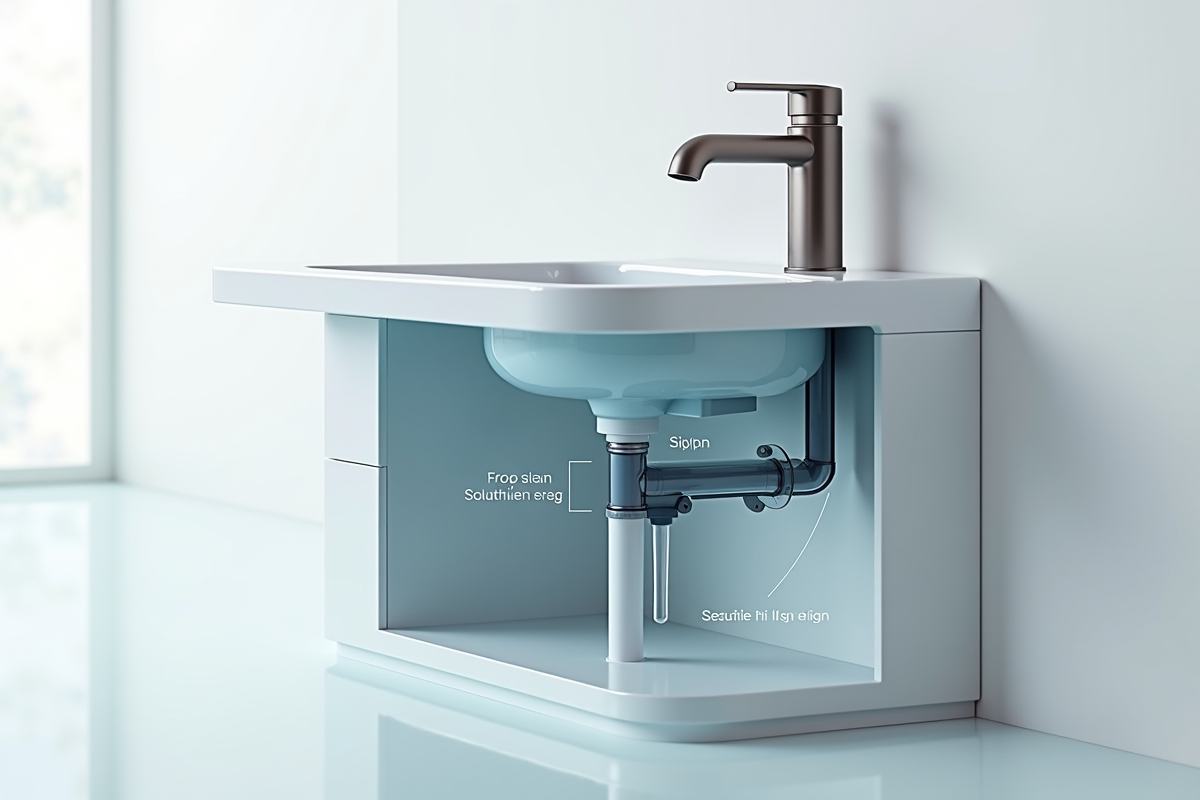 Vue en coupe du siphon de lavabo moderne avec étiquettes