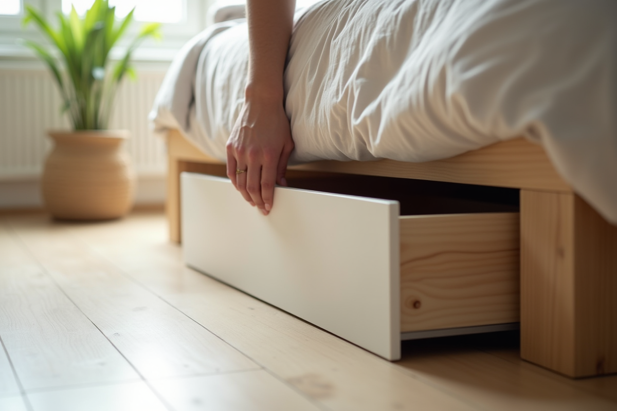 Main glissant une boîte de rangement sous le lit surélevé