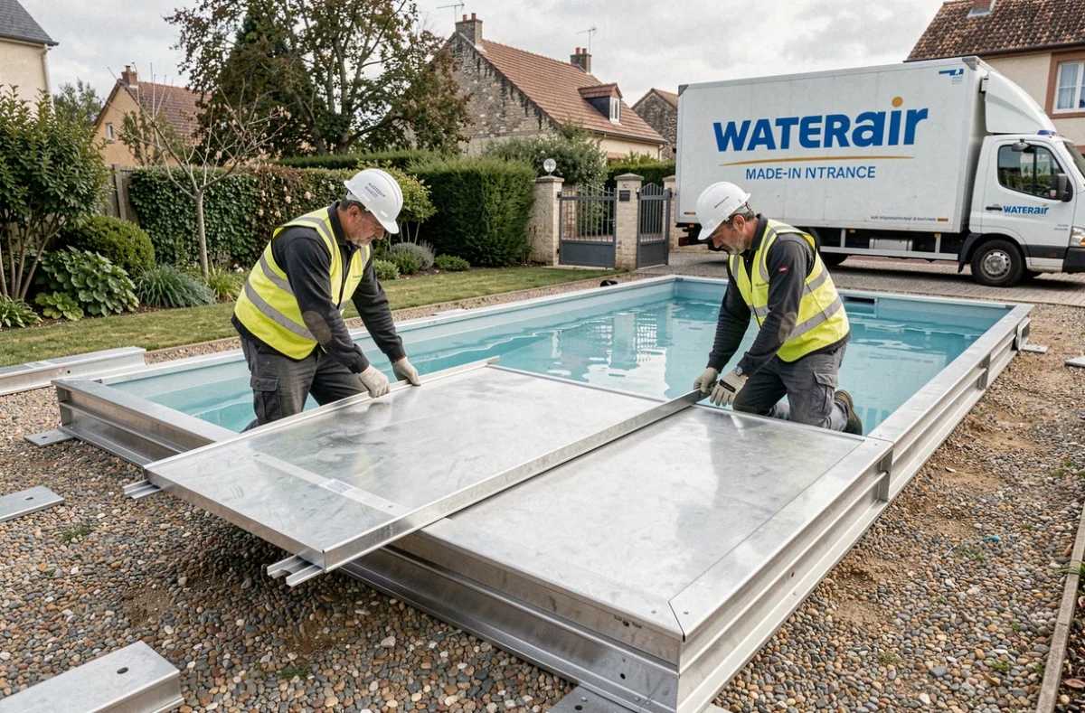 Ouvriers Waterair assemblant un kit de piscine en panneaux acier dans un jardin résidentiel français