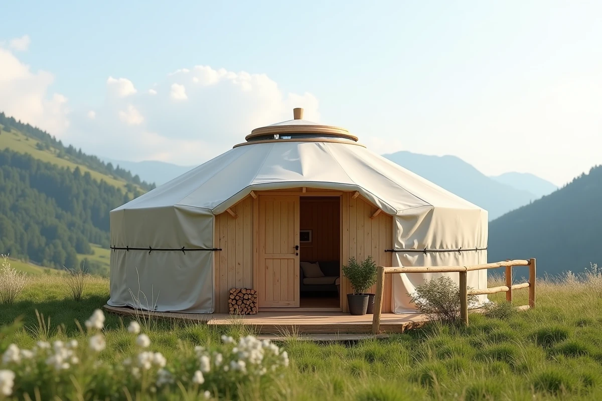 Yourte en bois terminée installée dans un pré alpin avec terrasse en bois et vue sur les montagnes