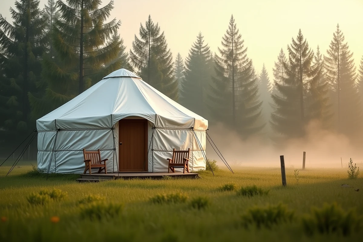 Yourte blanche installée dans un pré verdoyant entouré de pins, aménagée en hébergement glamping avec terrasse en bois